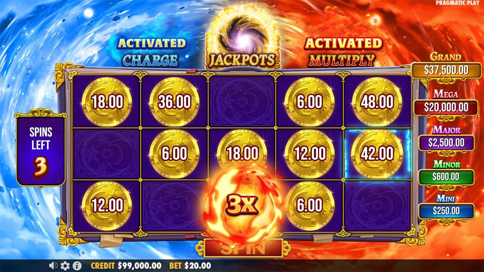 Bonus round with Multiply orb activated, 3x multiplier in play and golden coins locked across the reels.