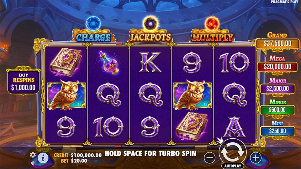 Main reels filled with owls, potions, magic books and card symbols, with Charge, Jackpot and Multiply orbs shown above.