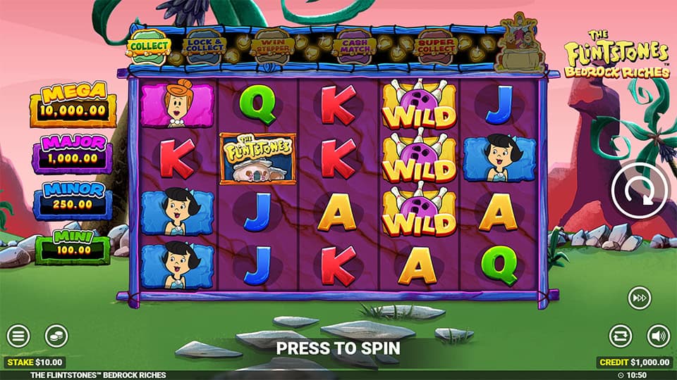 Slot grid with classic characters, purple wild symbols and jackpot tiers on the left side, set against a prehistoric cartoon backdrop.