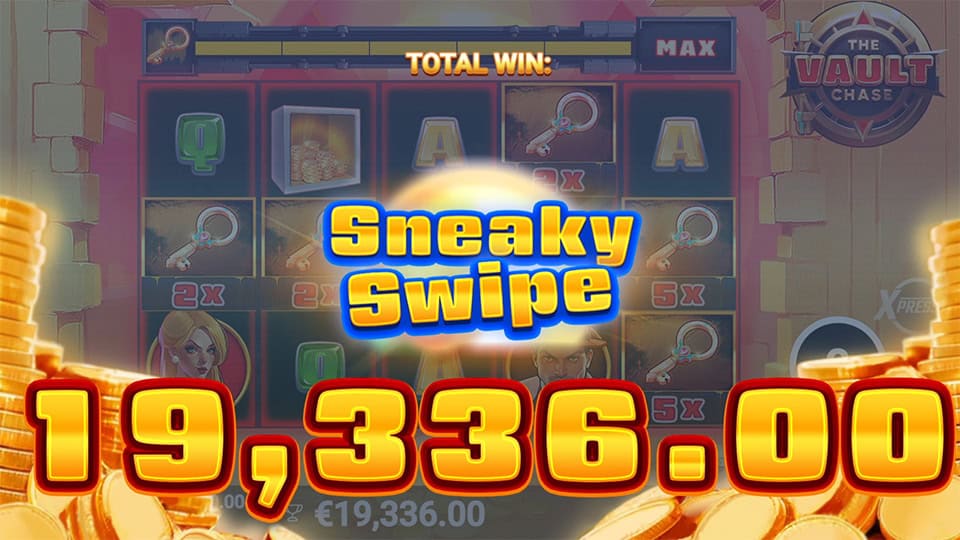Sneaky Swipe win animation with bright golden glow and coins around reels.