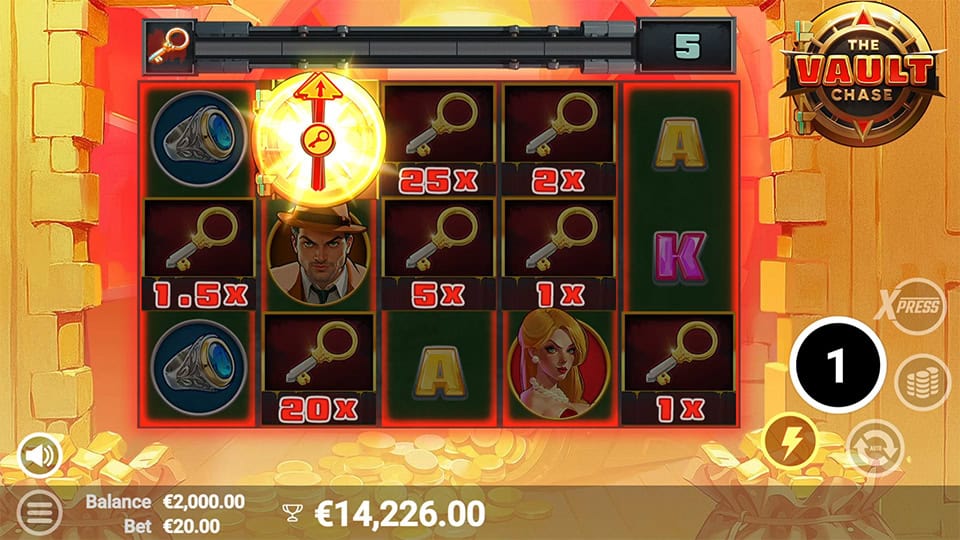 Vault Booster round showing upgraded key rewards and top-row progression meter.