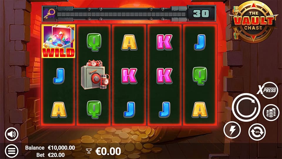 Slot grid with colorful card symbols, wild vaults and safe icons set inside a gold vault room.