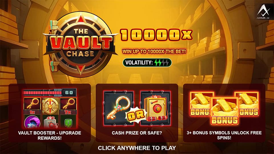 Intro screen showing features like Vault Booster, Cash Prize or Safe and Free Spins up to 10,000x.