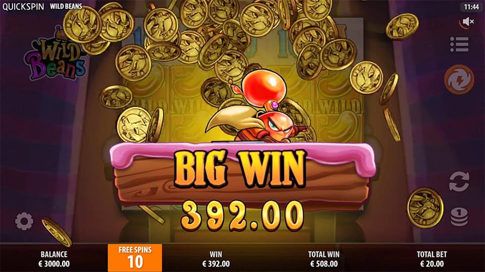 Big Win message with 392.00 displayed, coins raining down as the red bean character celebrates.