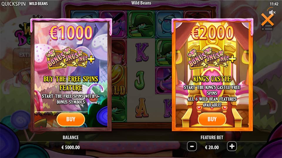 Bonus buy screen offering Free Spins for or King’s Castle mode with all wild features.