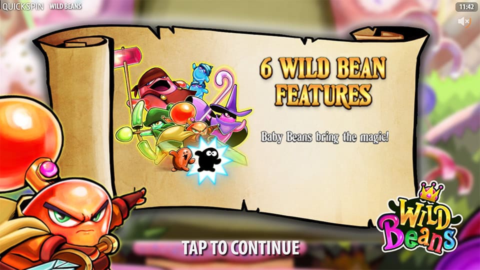 Intro screen showcasing 6 Wild Bean features with animated beans in fantasy candy land setting.