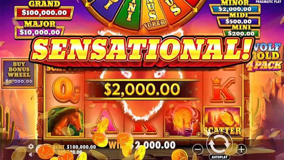 Sensational win animation with coins flying over the reels, highlighted by wild horses and golden bison.