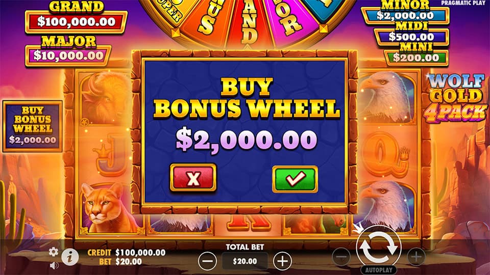 Popup confirmation to activate the bonus wheel feature, highlighting the purchase button and game background.