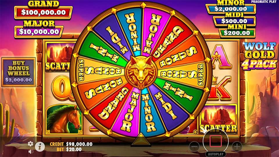 Bonus wheel showing prize segments like Mini, Minor, Major and Grand with a wolf emblem in the center.