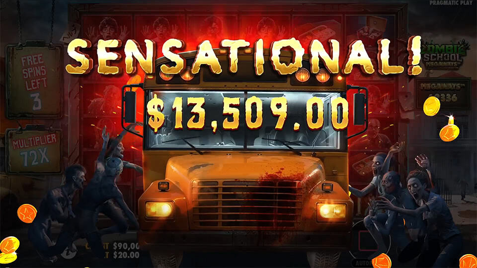 “Sensational!” win displayed over a blood-splattered school bus surrounded by zombies.
