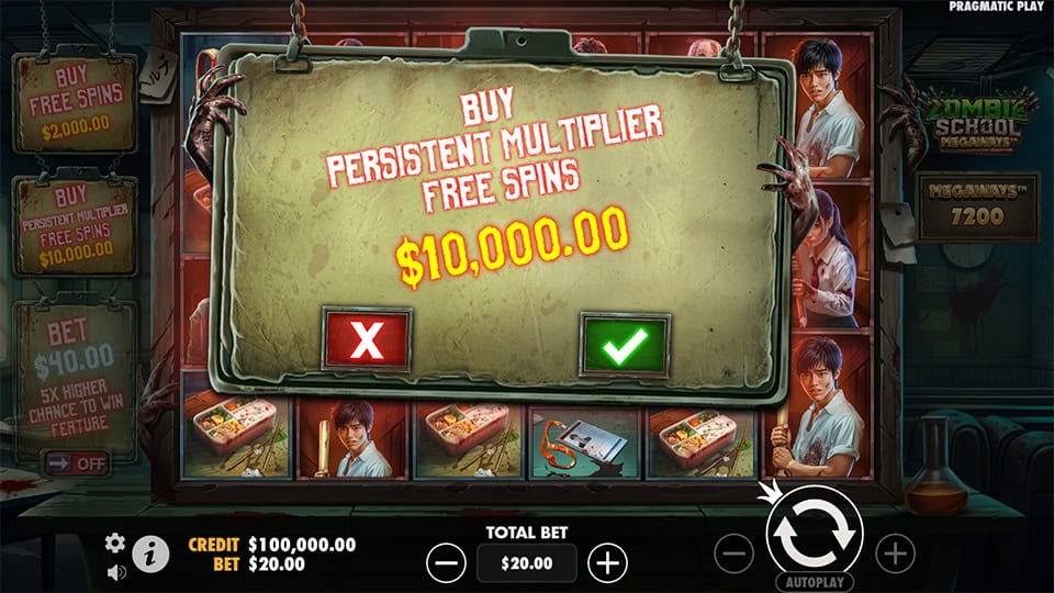 Buy menu for Persistent Multiplier Free Spins on a worn paper sign with red and green buttons.