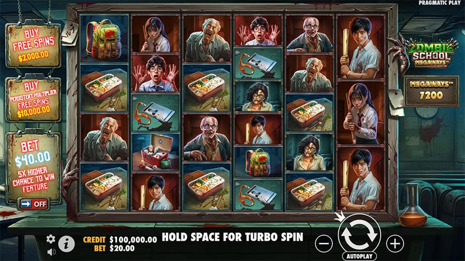 Slot screen with student and teacher zombie symbols on a multi-row Megaways grid in a school hallway.