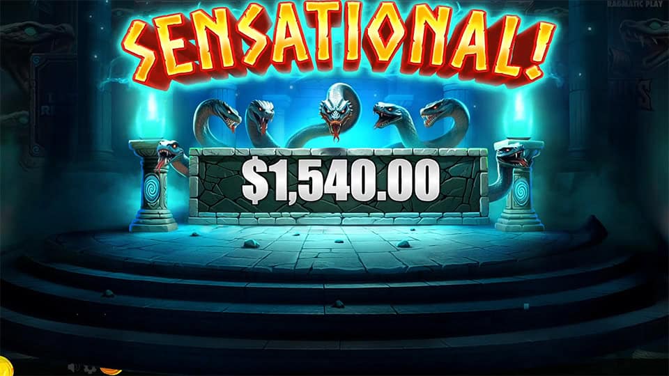 Sensational win text above a glowing altar with five snake heads and animated blue mist.