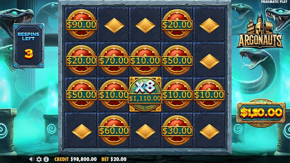 Respin bonus grid with collected coin values and a central x8 collector symbol.