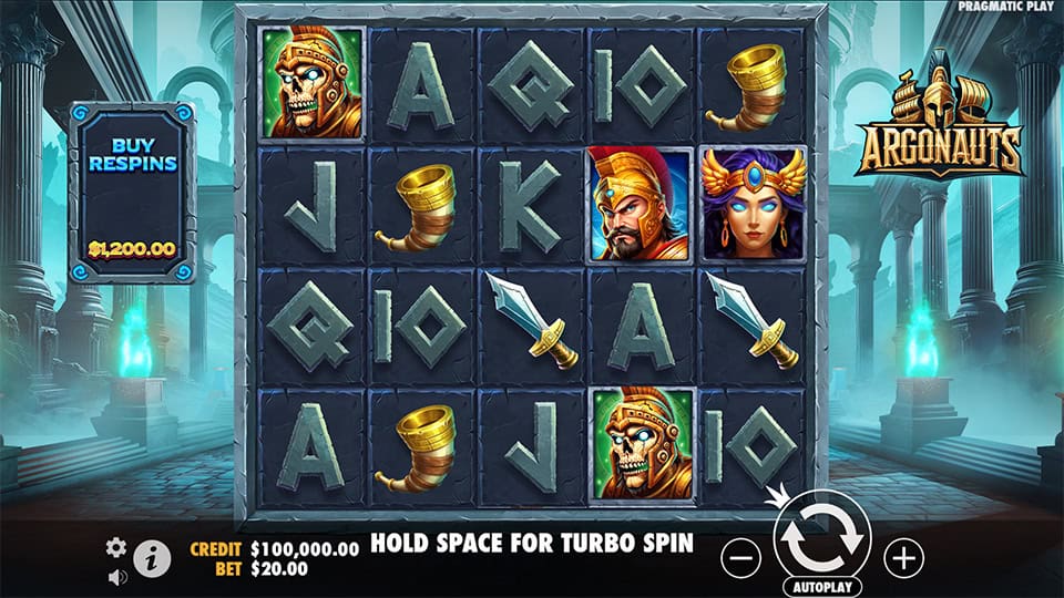 Slot grid showing ancient weapons, warriors and royal characters with stone-carved reels.