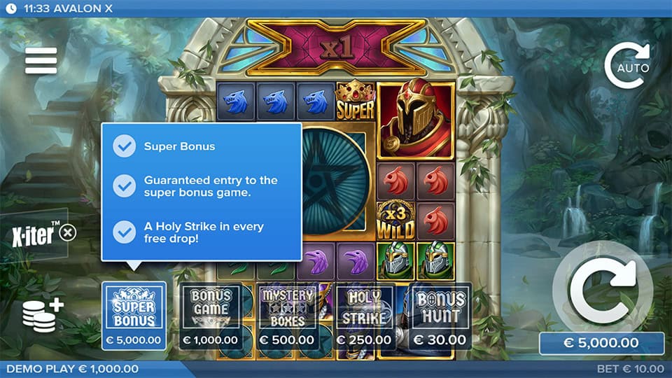 Buy feature interface displaying five options with blue X-iter panel and description of Super Bonus perks.