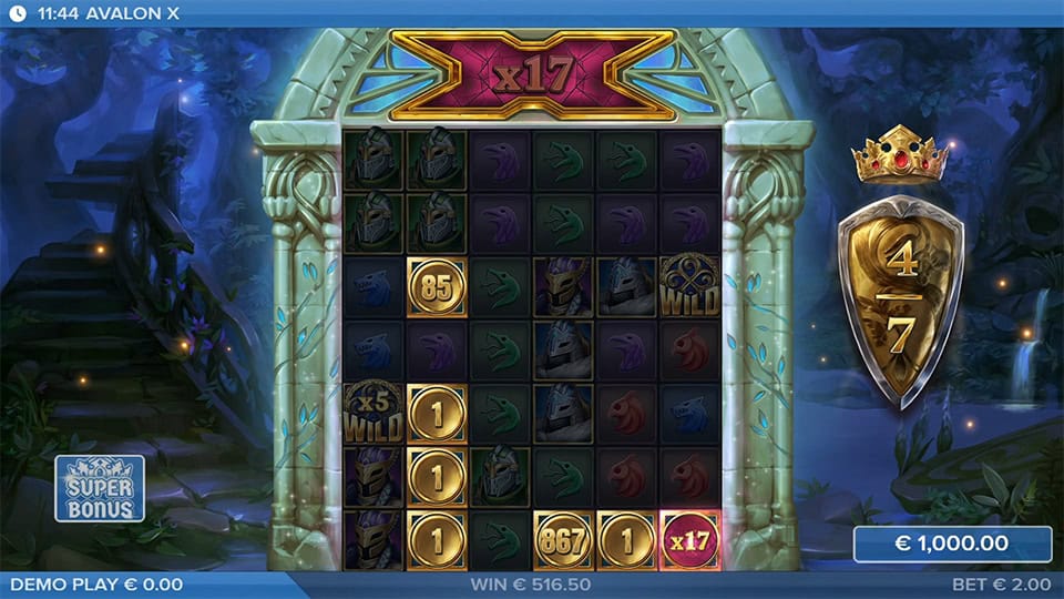 Gameplay showcasing coin symbols, multipliers and stacked icons with a rising win multiplier at x17.