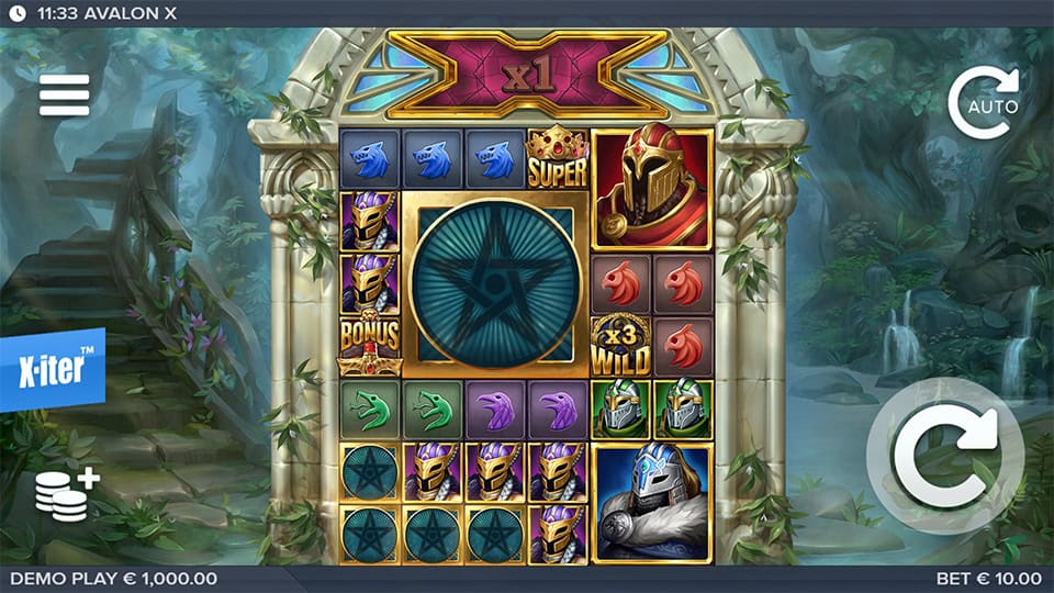 Main game screen showing armored characters, wild multipliers, bonus symbols and ancient stone reels.