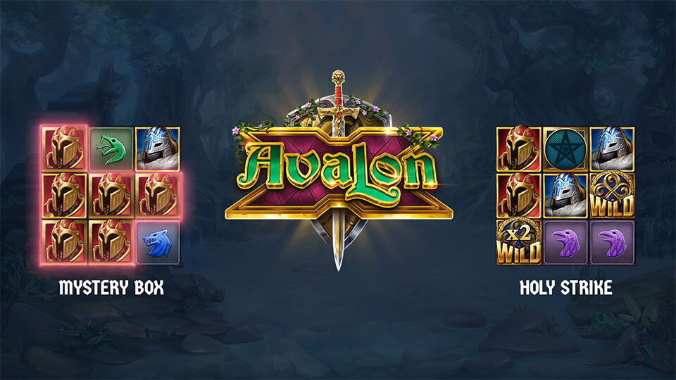 Intro screen showing Avalon X logo with two highlighted features: Mystery Box and Holy Strike mechanics.