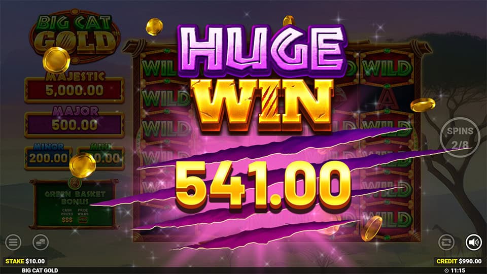 Huge Win animation with golden coins flying and bold win text over a background of reels filled with wilds.