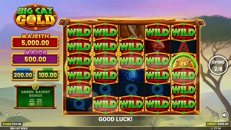 Reels packed with wild symbols during the Green Basket Bonus with only a few standard symbols left.