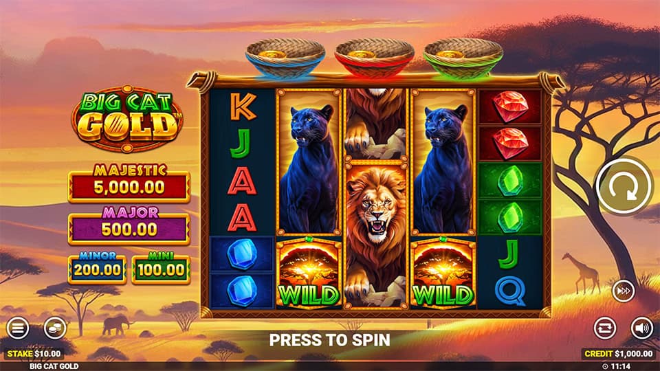 Game screen with roaring lion, panthers, colorful gems and wild symbols across five reels.