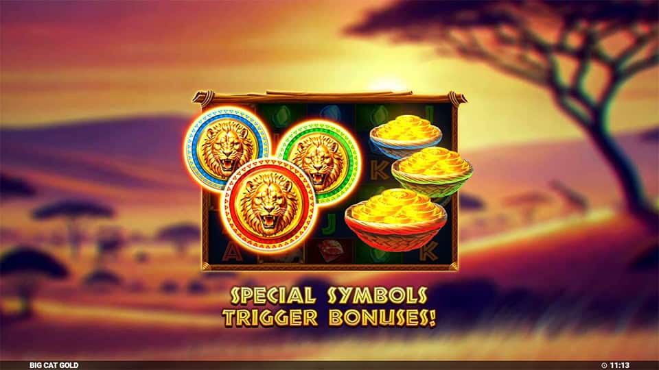 Intro screen with lion coins and glowing baskets announcing special bonus-triggering symbols.