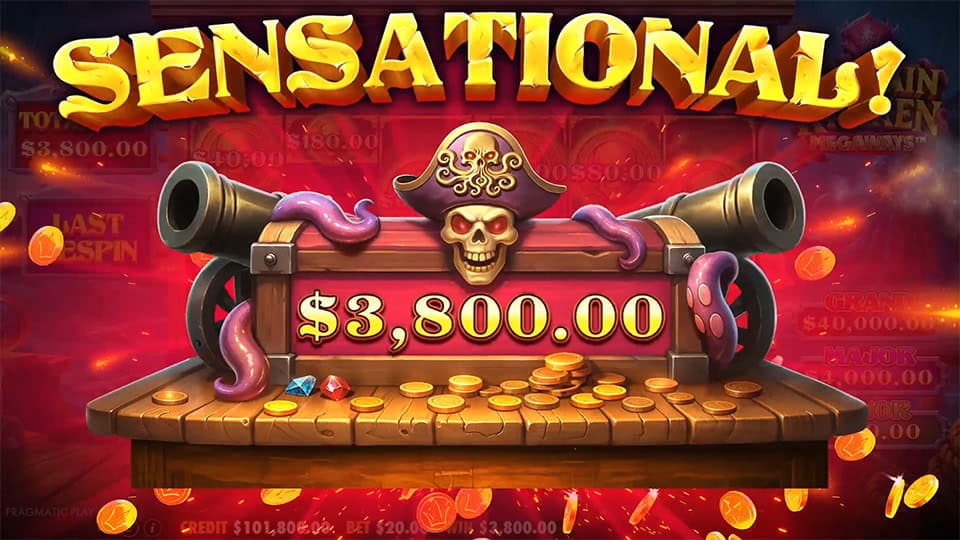 Sensational win banner with pirate chest, gold coins, skull and tentacles popping out of cannons.