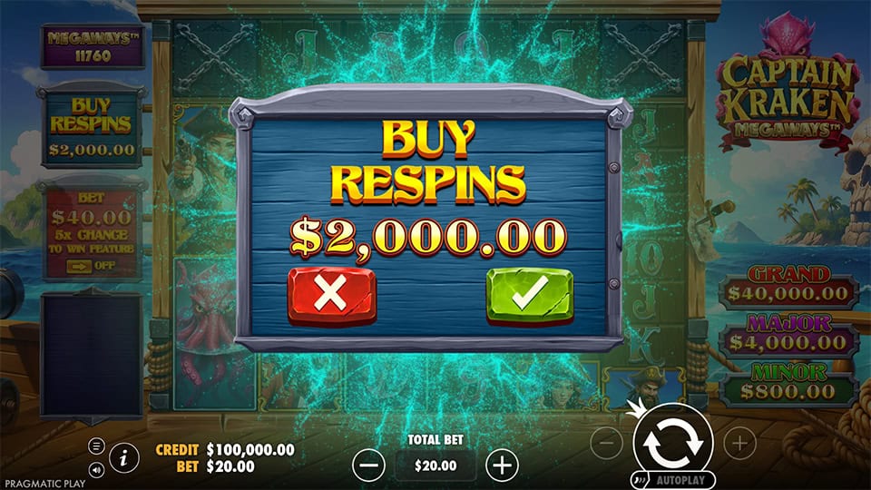 Buy respins pop-up with wooden plank design and confirm buttons over a glowing green background.
