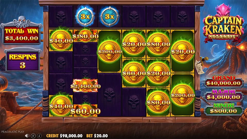 Bonus round showing golden coins and x3 multipliers on reels during active respins phase.