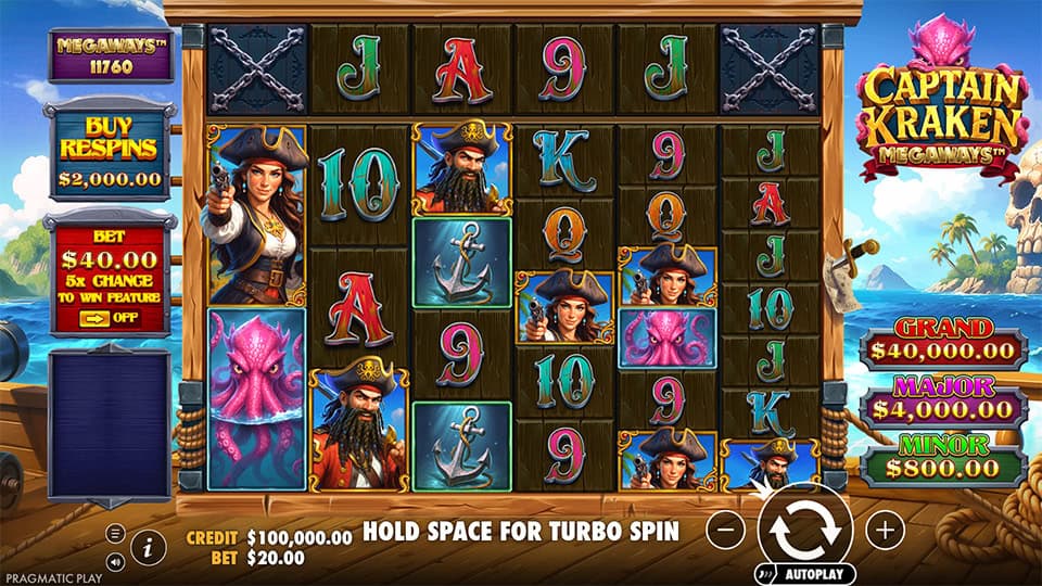Game grid with pirate symbols, anchors and krakens on a wooden reel setup with ocean scenery.