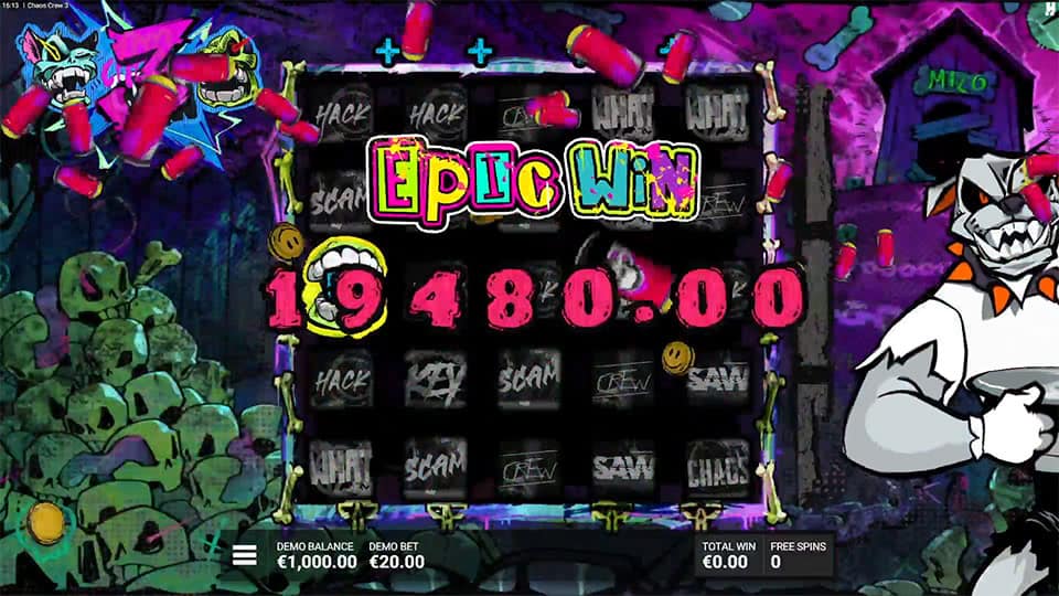 Epic Win banner in graffiti font with neon colors, coins and spray paint effects bursting across the dark urban background.