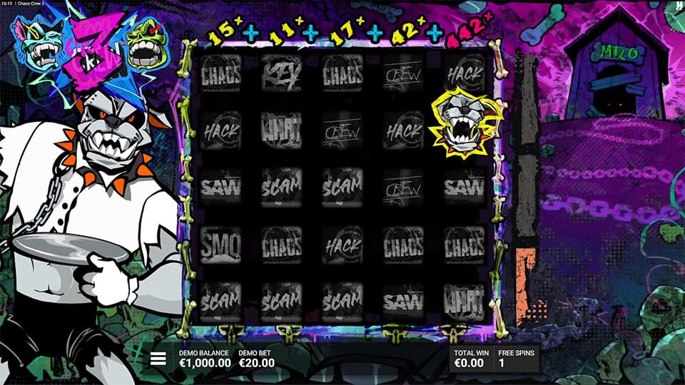 Gameplay highlighting the Glitch Dog symbol triggering on the reels, with multipliers and upgrades displayed at the top of the grid.