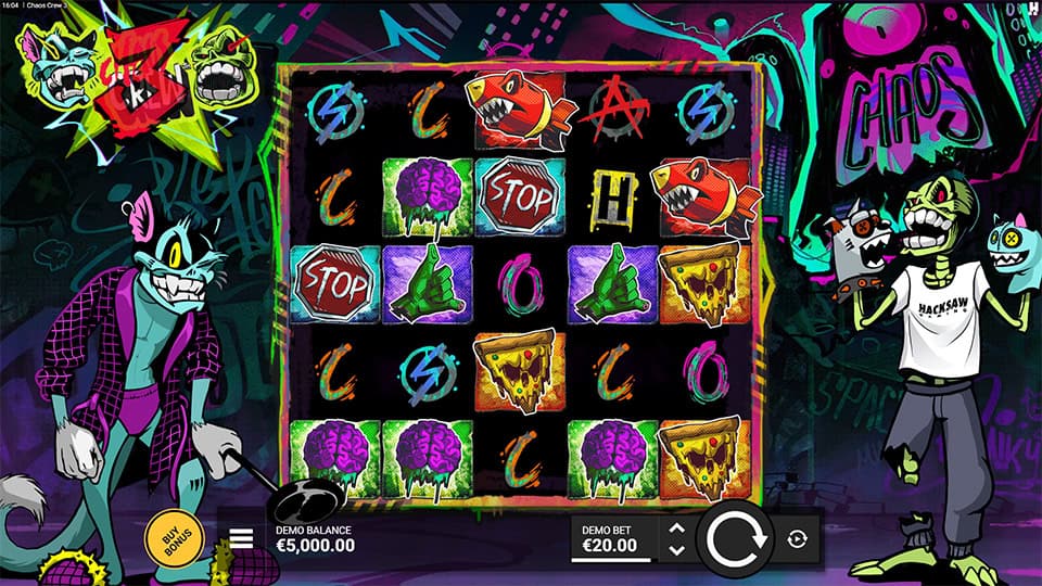 Gameplay grid with neon graffiti-style symbols such as brains, pizza slices, fish and stop signs, flanked by Cranky Cat and Sketchy Skull characters.