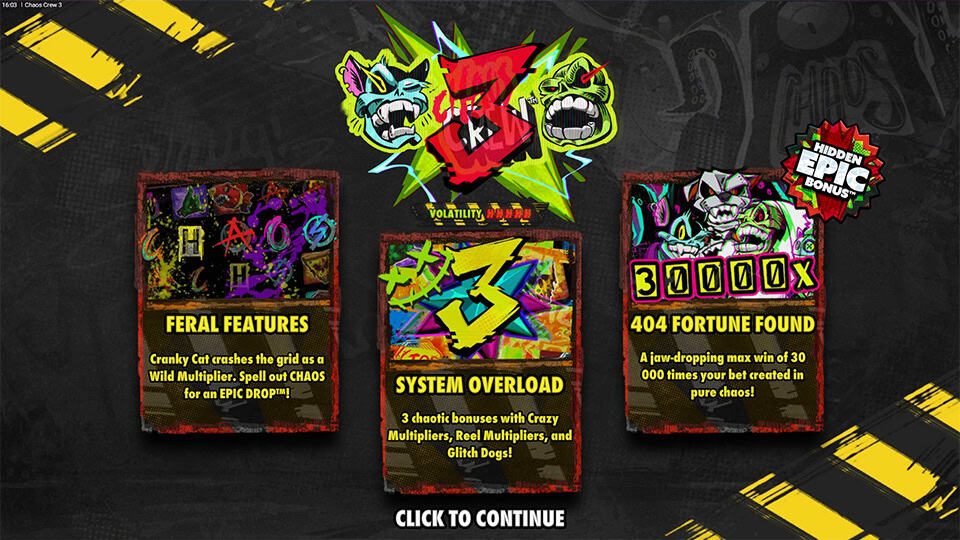 Intro screen showing key features: Feral Features, System Overload bonuses and a max win potential of 30,000x.