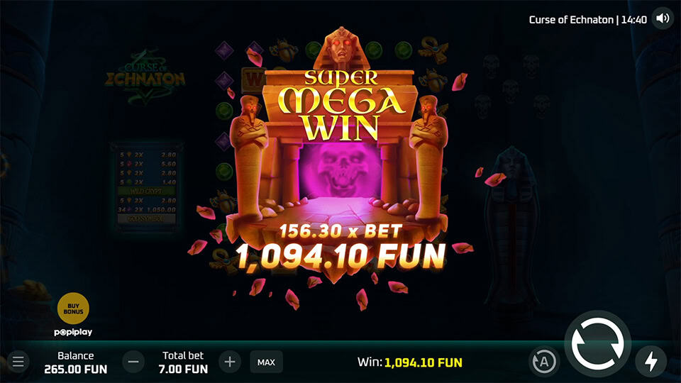 Super Mega Win explosion with a glowing sarcophagus and pink gems flying out, showing a large win multiplier.