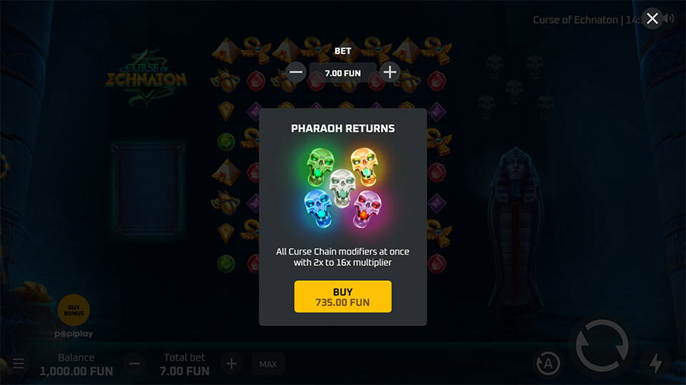 Pharaoh Returns buy feature panel with glowing multicolored skulls offering reel modifiers and multipliers.