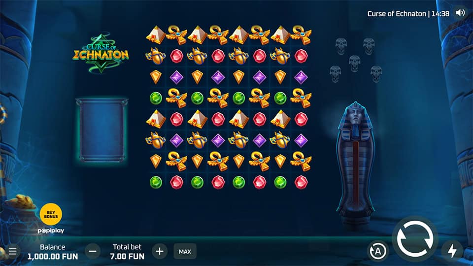 Grid-style reel filled with colorful Egyptian artifacts and jewels, set in a dimly lit tomb.