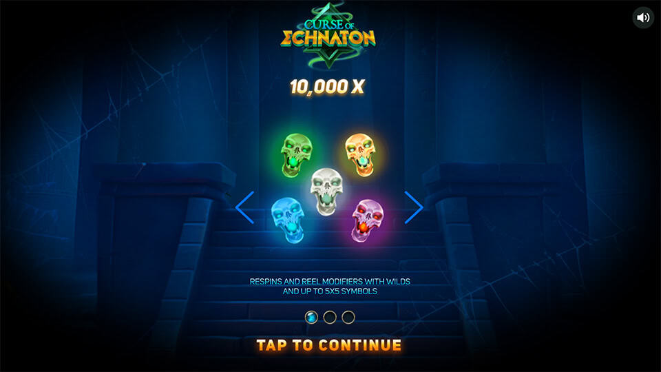 Intro screen for Curse of Echnaton with glowing skulls and a 10,000x win promise over dark temple stairs.