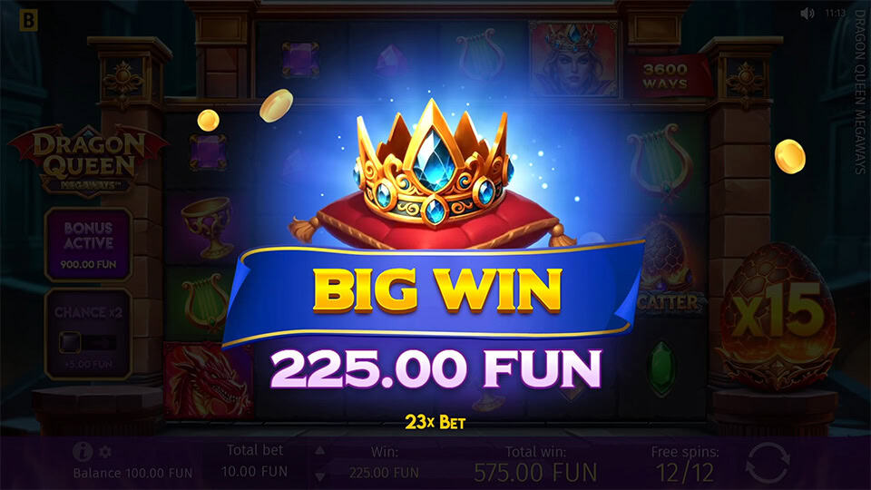 Big Win banner with a jeweled crown and glowing blue background, showing 23x multiplier.