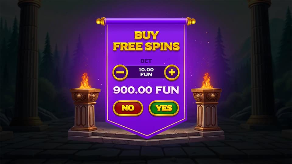 Bonus buy popup with scroll-style interface and fire-lit pillars on each side.