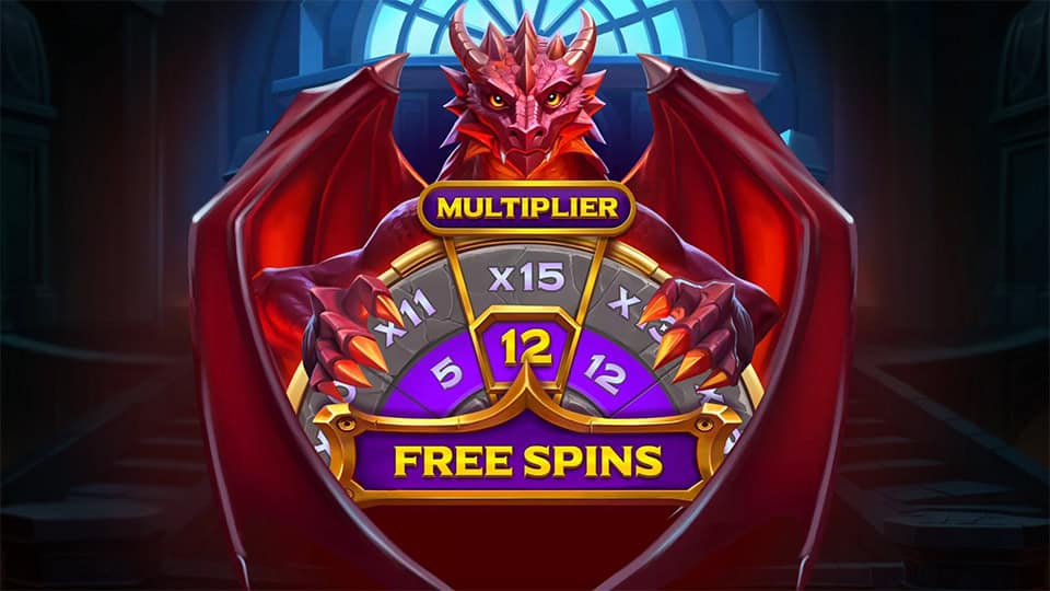Red dragon holding a bonus wheel with multipliers and free spins in a dark stone hall.