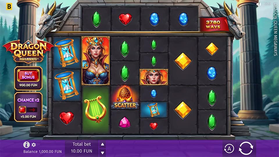 Megaways slot grid with gems, hourglasses and the queen symbol, featuring 3780 ways.