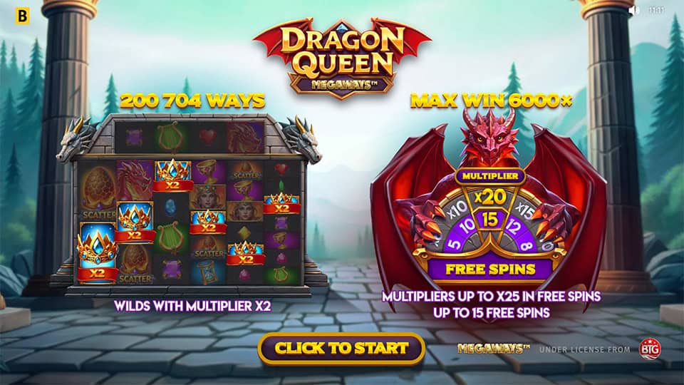 Intro screen with free spins wheel, red dragon and multipliers up to x25.