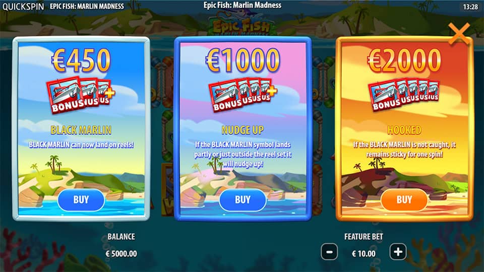Bonus buy menu with three features: Black Marlin, Nudge Up and Hooked modes.