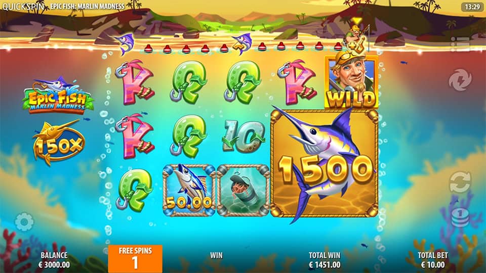 Free spins round featuring giant golden Black Marlin symbol landing with multiple prize fish.