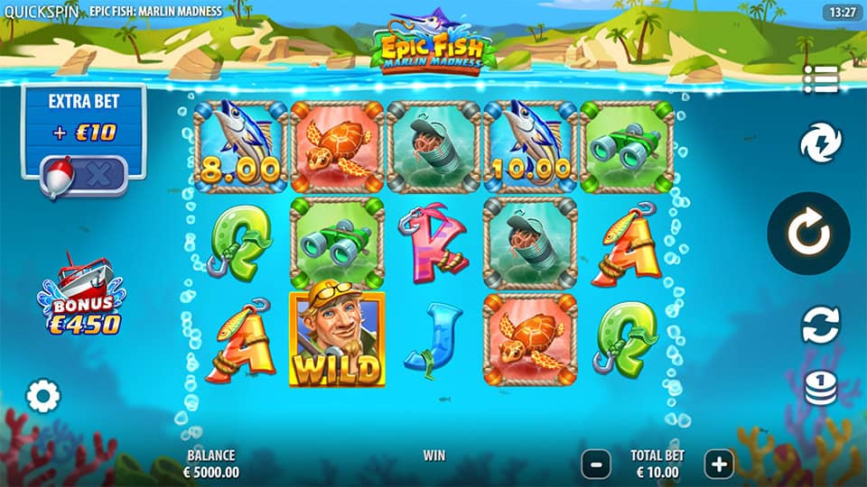 Slot grid showing marlins, wild diver symbol, sea creatures and bonus indicator on aquatic background.