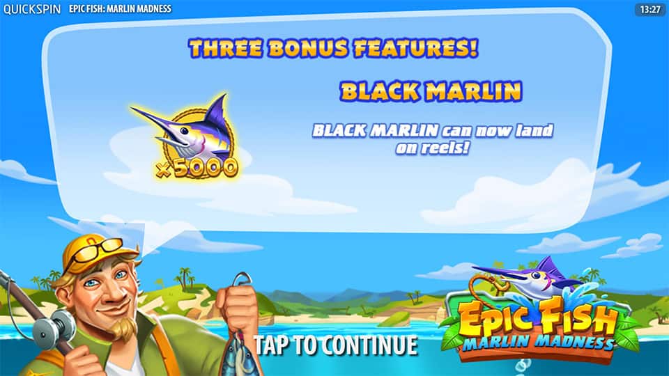 Intro screen displaying Black Marlin feature announcement with x5000 potential and cheerful fisherman.