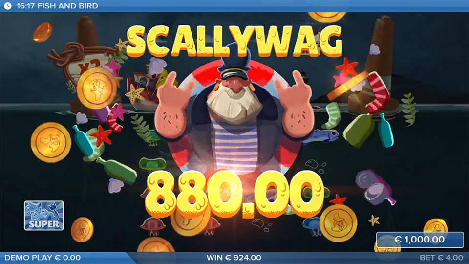Scallywag win message with animated sailor, gold coins and floating sea junk.