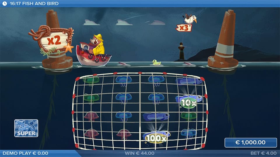 Fishing net capturing fish symbols with visible x2 multiplier.